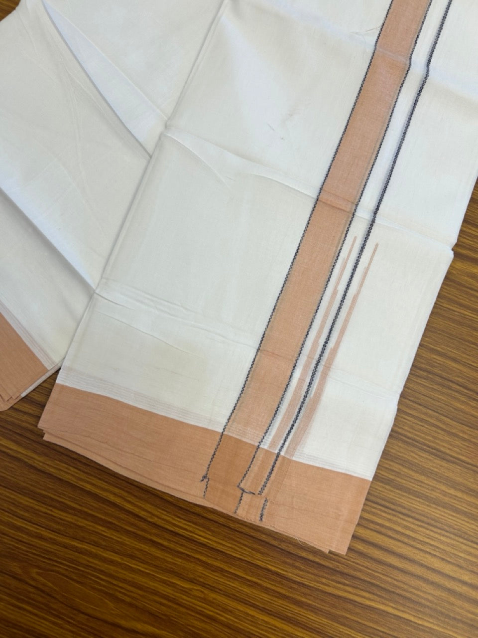 20% Discount! KaithariKada Balaramapuram 100% Cotton Double Pure white Mundu/Dhoti- 60s - 1.25 inch Navy Blue striped Peach orange shaded chutty kara - 3.90mtr ( 8 muzham) - 32 KK5279 CKS