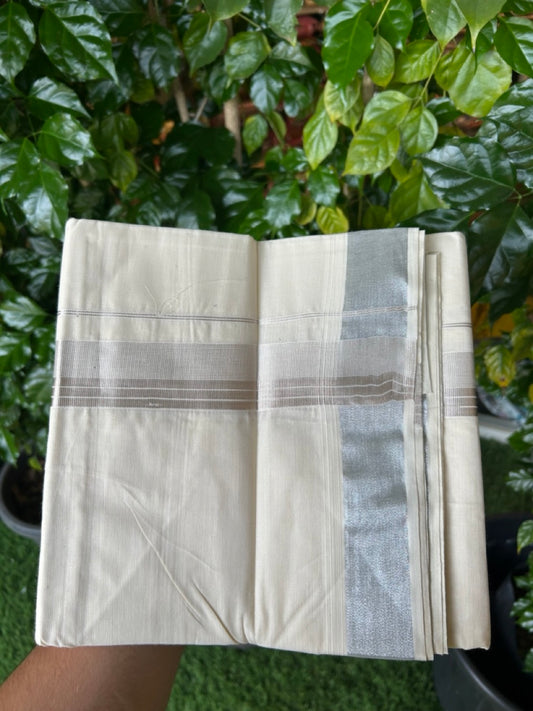 20% Discount ! KaithariKada  Balaramapuram - Pure Cotton Off White  (Unbleached) Double Mundu/Dhoti - 100X80 - 1.5 inch Silver Kasav Striped Kara 4 mtr (8.5 Muzham) - 2 KK5250 VIN