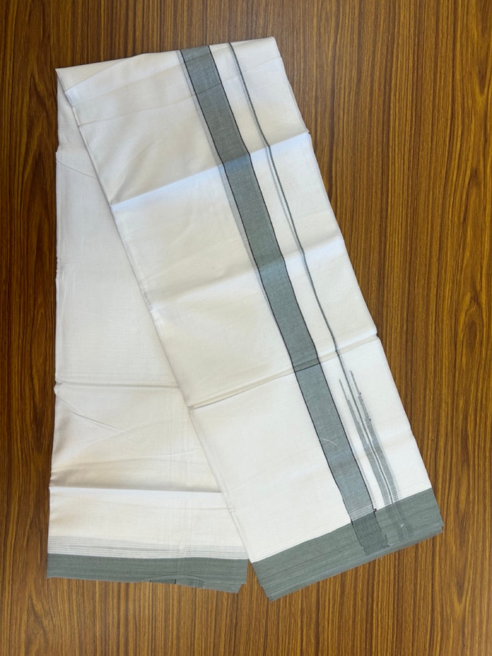 20% Discount! KaithariKada Balaramapuram 100% Cotton Double Pure white Mundu/Dhoti- 60s - 1.25 inch Black striped Greyish green shaded chutty kara - 3.90mtr ( 8 muzham) - 30 KK5279 CKS