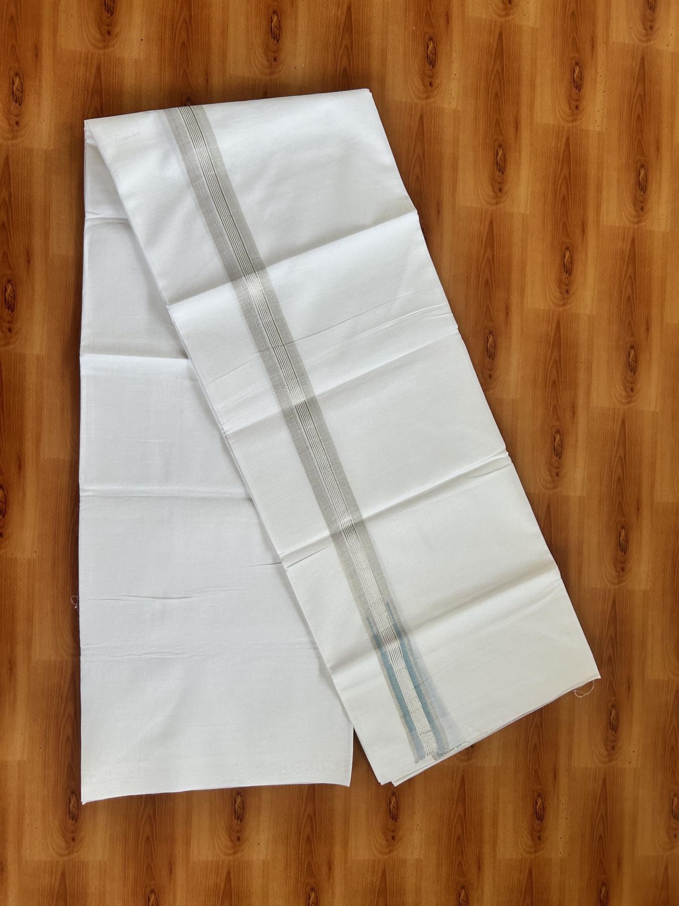 Double Pure White Mundu/Dhoti - 20% Discount !! KaithariKada Balaramapuram 100% Cotton - 100x80 - 3 cm Sky Blue Silver Kasav Stripes Chutty Kara 3.80 mtr (8 muzham) - 38 KK5414 CKS