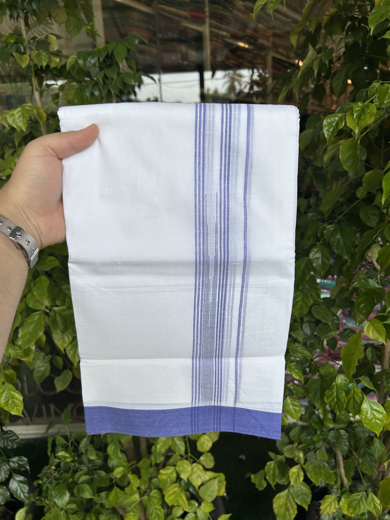 20% Discount ! Kaitharikada Balaramapuram 100% Pure Cotton Double Pure White Mundu/Dhoti - 100x80 - 1.25 inch Blue Shaded Stripes Chutty 3.90 mtr (8 muzham) - 42 KK5312 PMC