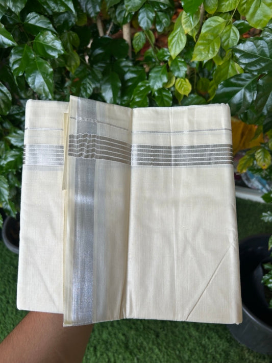20% Discount ! KaithariKada  Balaramapuram - Cotton Off White (Unbleached) Double Mundu/Dhoti - Mixed Cotton 80x72 - 90% Cotton & 10% Polyester - 1.5 inch Silver Kasav Striped Kara 4 mtr (8.5 Muzham) - 4 KK5250 VIN