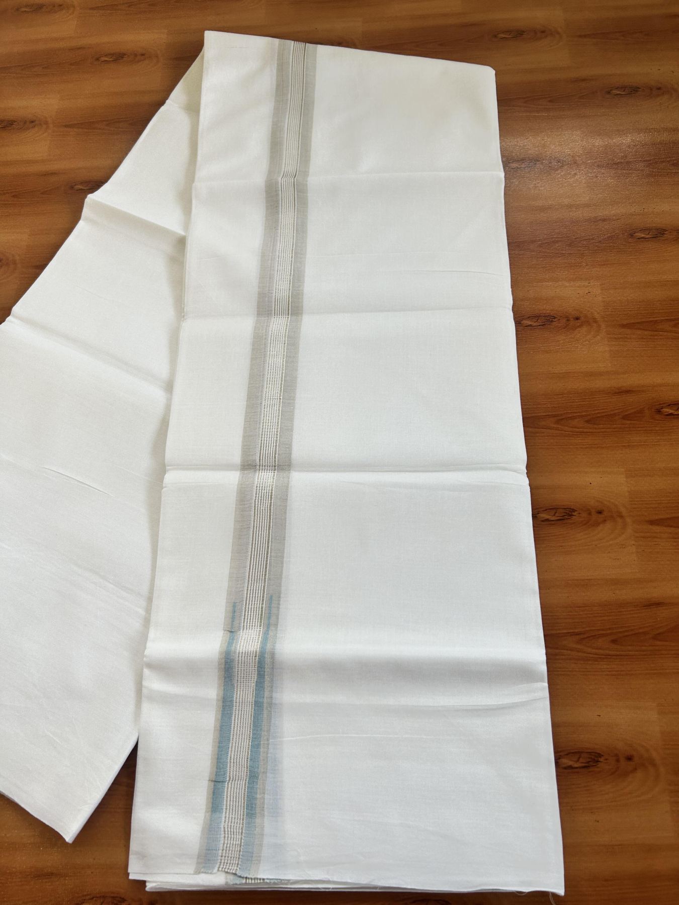 Double Pure White Mundu/Dhoti - 20% Discount !! KaithariKada Balaramapuram 100% Cotton - 100x80 - 3 cm Sky Blue Silver Kasav Stripes Chutty Kara 3.80 mtr (8 muzham) - 38 KK5414 CKS