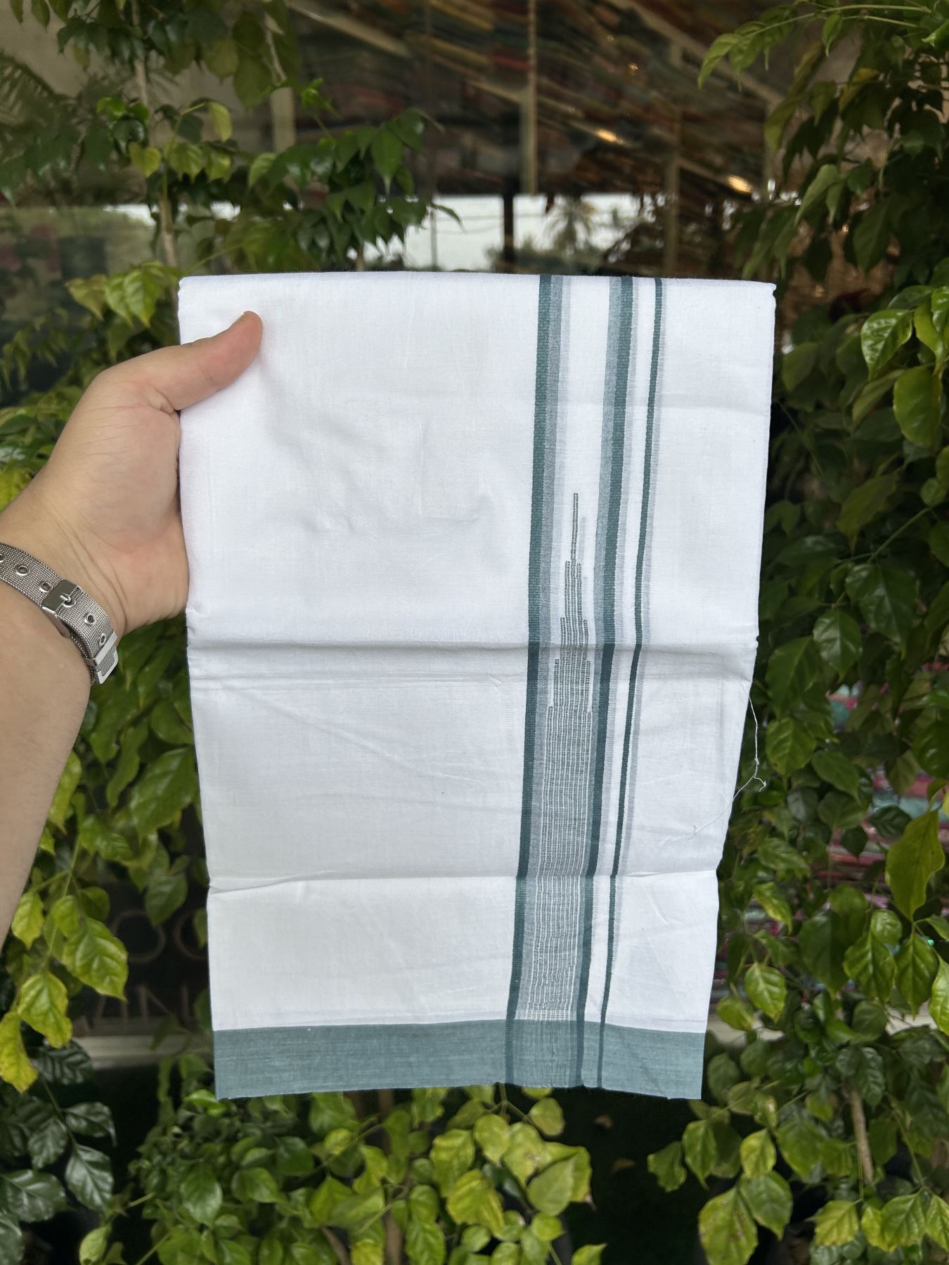 20% Discount ! Kaitharikada Balaramapuram 100% Pure Cotton Double Pure White Mundu/Dhoti - 100x80 - 1.25 inch Pine Green Shaded Stripes Chutty 3.90 mtr (8 muzham) - 43 KK5312 PMC