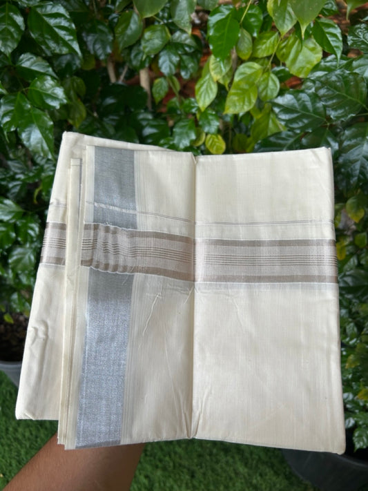 20% Discount ! KaithariKada  Balaramapuram - Pure Cotton Off White  (Unbleached) Double Mundu/Dhoti - 100X80 - 1.5 inch Silver Kasav Striped Kara 4 mtr (8.5 Muzham) - 1 KK5250 VIN