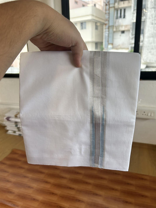 Double Pure White Mundu/Dhoti - 20% Discount !! KaithariKada Balaramapuram 100% Cotton - 100x80 - 3 cm Sky Blue Silver Kasav Stripes Chutty Kara 3.80 mtr (8 muzham) - 38 KK5414 CKS