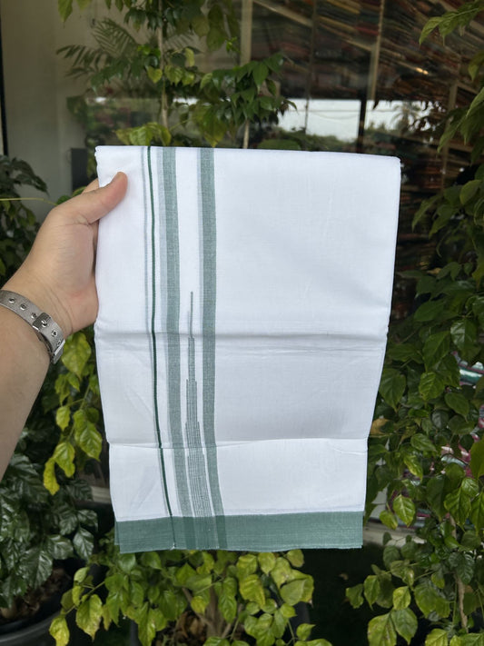 20% Discount ! Kaitharikada Balaramapuram 100% Pure Cotton Double Pure White Mundu/Dhoti - 100x80 - 1.5 inch Teal Green Striped Chutty 3.90 mtr (8 muzham) - 12 KK5312 PMC