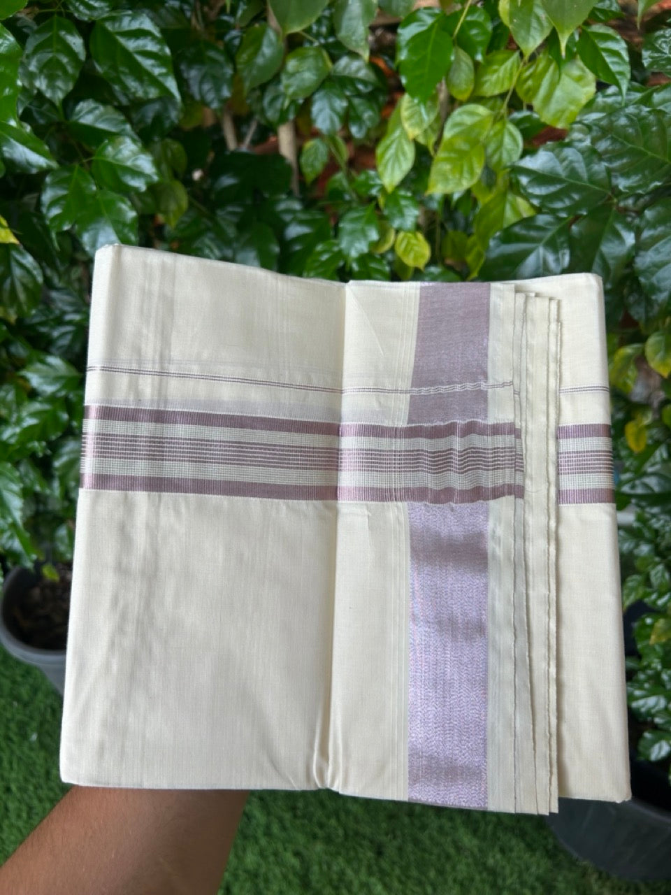 20% Discount ! Kaitharikada Balaramapuram 100% Cotton Off White Double Mundu/Dothi  - 100x80- 1.5 Inch Silver Kasav & Dark Rose Pink Kasav Striped Kara - 4mtr (8.5muzham)- 26 KK5250 VIN