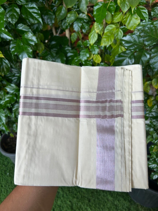 20% Discount ! Kaitharikada Balaramapuram 100% Cotton Off White Double Mundu/Dothi  - 100x80- 1.5 Inch Silver Kasav & Dark Rose Pink Kasav Striped Kara - 4mtr (8.5muzham)- 26 KK5250 VIN