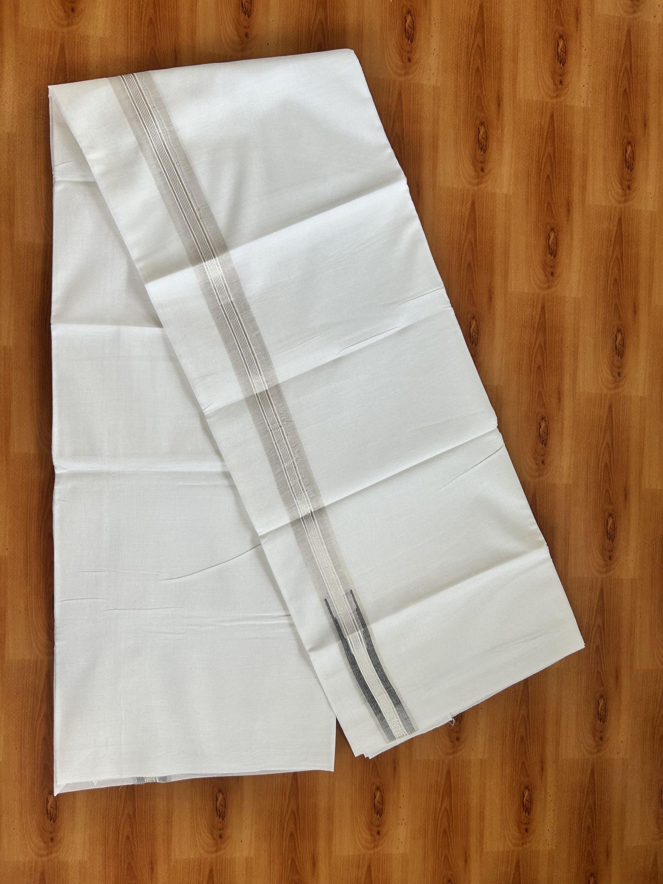 Double Pure White Mundu/Dhoti - 20% Discount !! KaithariKada Balaramapuram 100% Cotton - 100x80 - 3 cm Black Silver Kasav Stripes Chutty Kara 3.80 mtr (8 muzham) - 36 KK5414 CKS