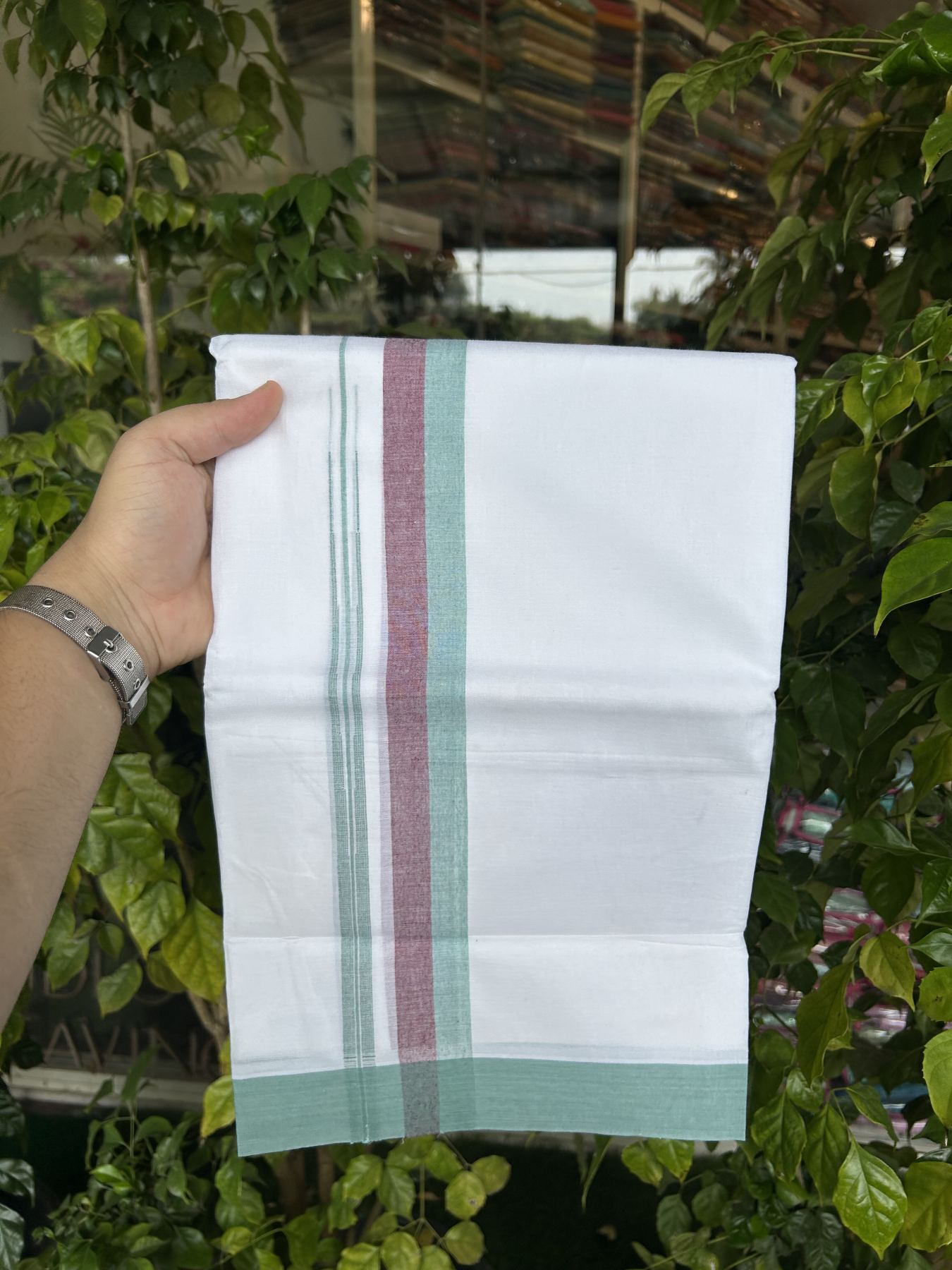 20% Discount ! Kaitharikada Balaramapuram 100% Pure Cotton Double Pure White Mundu/Dhoti - 100x80 - 1.25 inch Wine purple & Ocean Green Striped Shaded Chutty 3.90 mtr (8 muzham) - 20 KK5312 PMC