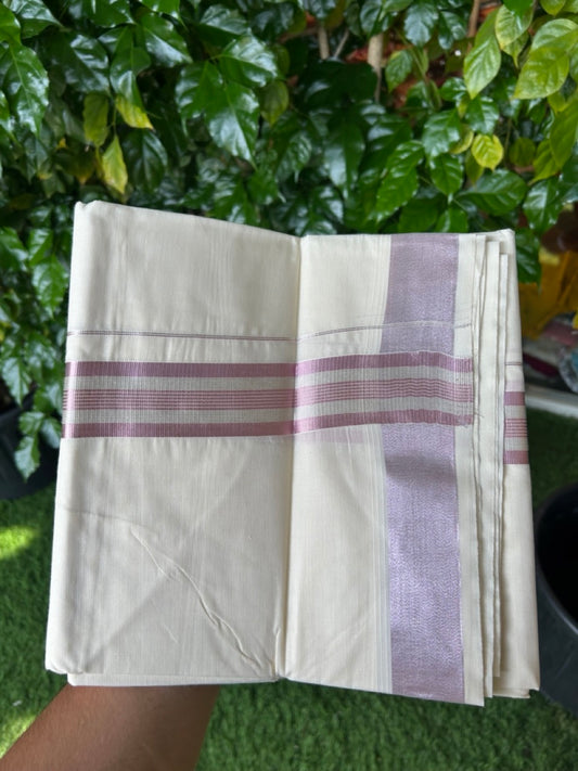 20% Discount ! Kaitharikada Balaramapuram 100% Cotton Off White Double Mundu/Dothi  - 100x80- 1.5 Inch Silver Kasav & Rose Pink Kasav Striped Kara - 4mtr (8.5muzham)- 27 KK5250 VIN