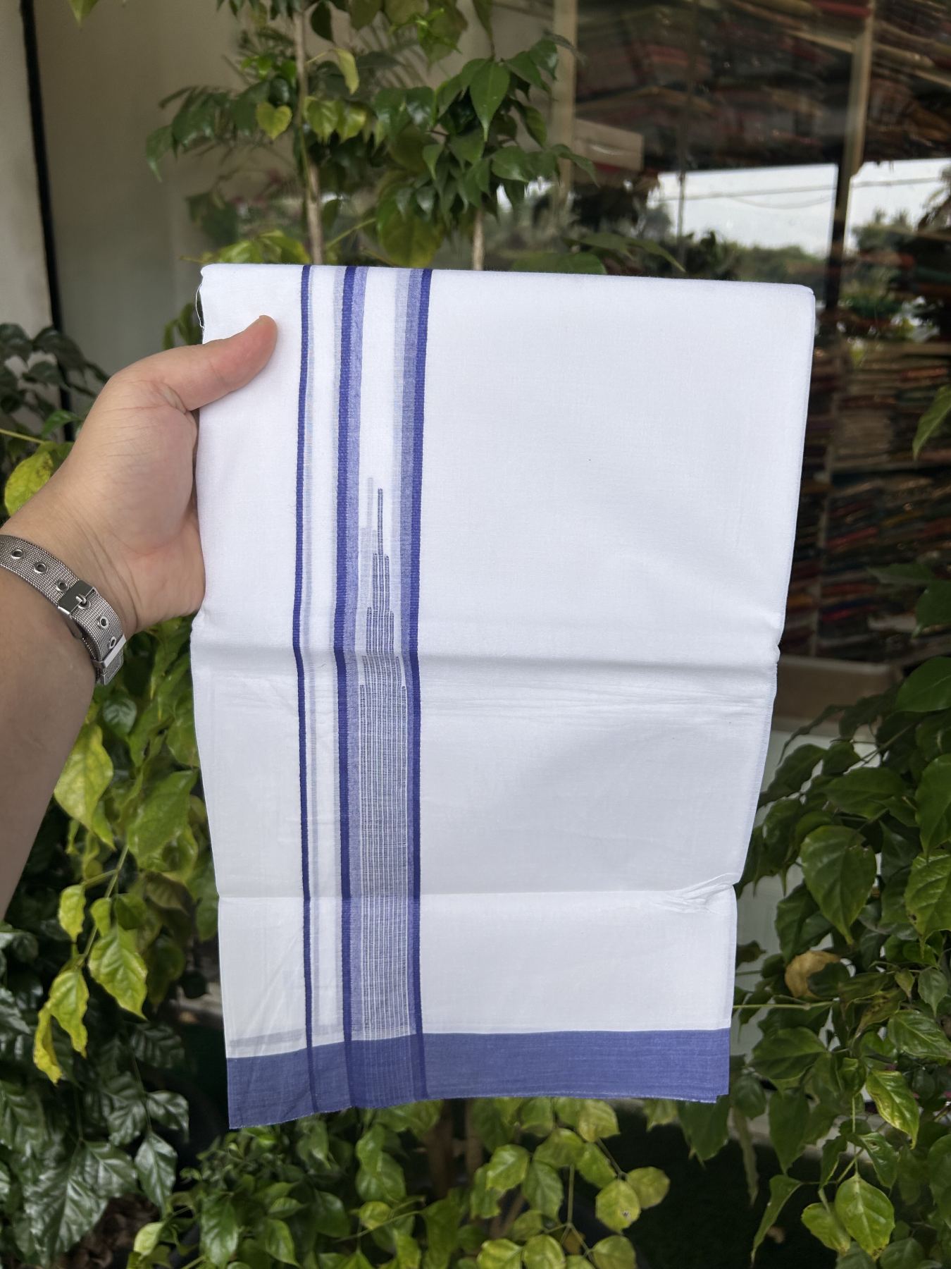 20% Discount ! Kaitharikada Balaramapuram 100% Pure Cotton Double Pure White Mundu/Dhoti - 100x80 - 1.25 inch Violet Blue Shaded Stripes Chutty 3.90 mtr (8 muzham) - 40 KK5312 PMC