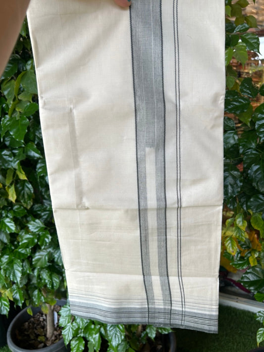 20% Discount ! Kaitharikada Balaramapuram 100% Cotton Off White Double Mundu/Dothi  - 100x80- 1.5 Inch Sage Green Striped Design Kara - 4mtr (8.5muzham)- 18 KK5250 VIN