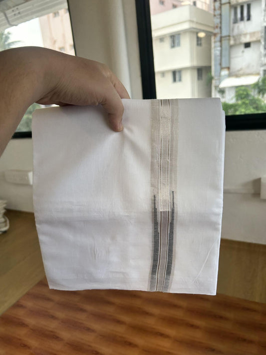 Double Pure White Mundu/Dhoti - 20% Discount !! KaithariKada Balaramapuram 100% Cotton - 100x80 - 3 cm Black Silver Kasav Stripes Chutty Kara 3.80 mtr (8 muzham) - 36 KK5414 CKS