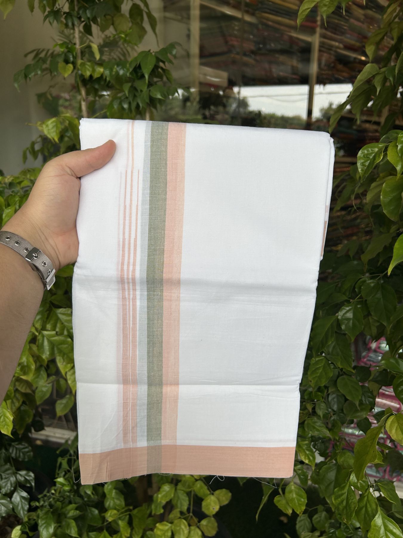 20% Discount ! Kaitharikada Balaramapuram 100% Pure Cotton Double Pure White Mundu/Dhoti - 100x80 - 1.25 inch Olive Green & Light Peach Striped Shaded Chutty 3.90 mtr (8 muzham) - 16 KK5312 PMC