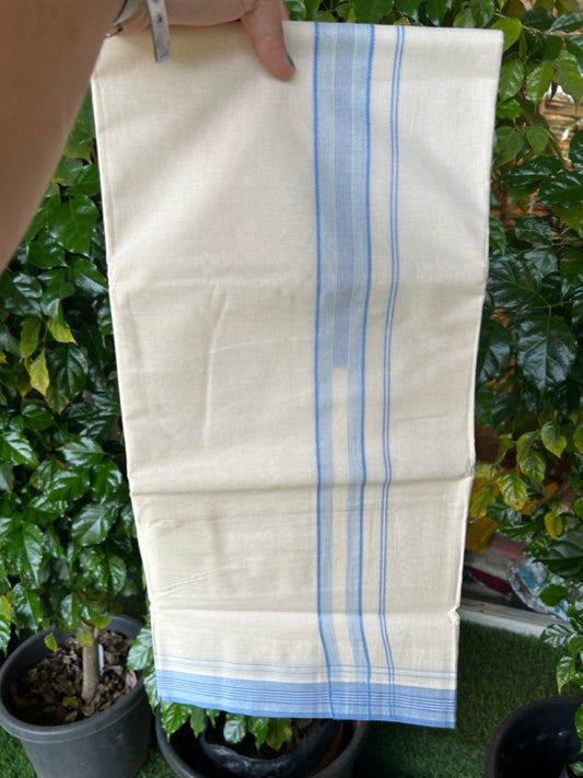 20% Discount ! Kaitharikada Balaramapuram 100% Cotton Off White Double Mundu/Dothi  - 100x80- 1.5 Inch Blue Striped Design Kara - 4mtr (8.5muzham)- 19 KK5250 VIN