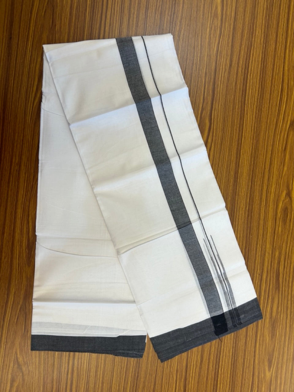 20% Discount! KaithariKada Balaramapuram 100% Cotton Double Pure white Mundu/Dhoti- 60s - 1.25 inch Black shaded chutty kara - 3.90mtr ( 8 muzham) - 23 KK5279 CKS