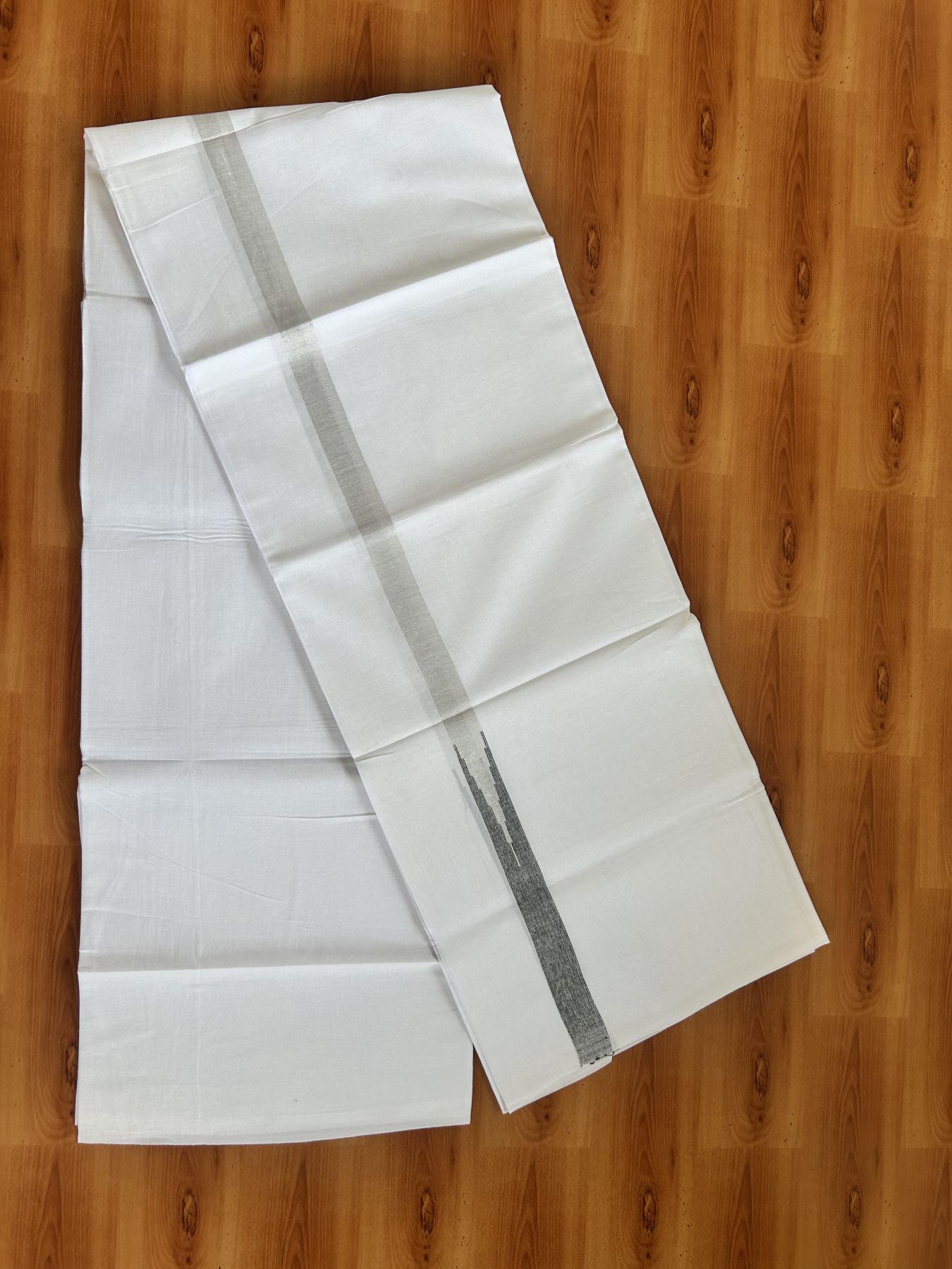 Double Pure White Mundu/Dhoti - 20% Discount !! KaithariKada Balaramapuram 100% Cotton - 100x80 - 0.75 inch Black Silver Kasav Chutty Kara 3.80 mtr (8 muzham) - 27 KK5414 CKS