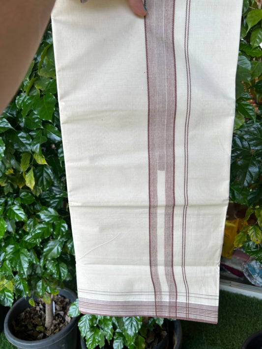 20% Discount ! Kaitharikada Balaramapuram 100% Cotton Off White Double Mundu/Dothi  - 100x80- 1.5 Inch Brown Striped Design Kara - 4mtr (8.5muzham)- 16 KK5250 VIN