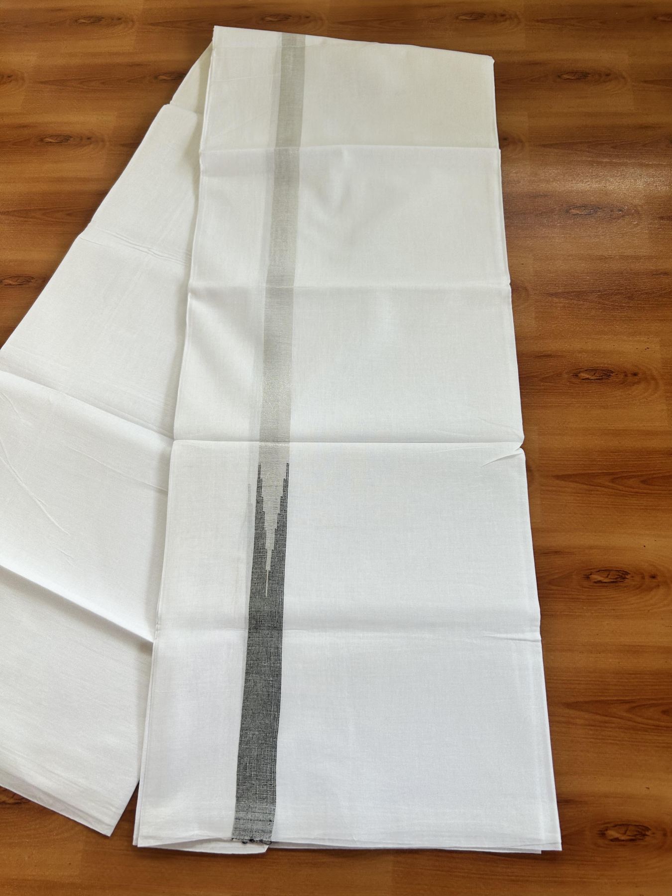 Double Pure White Mundu/Dhoti - 20% Discount !! KaithariKada Balaramapuram 100% Cotton - 100x80 - 0.75 inch Black Silver Kasav Chutty Kara 3.80 mtr (8 muzham) - 27 KK5414 CKS