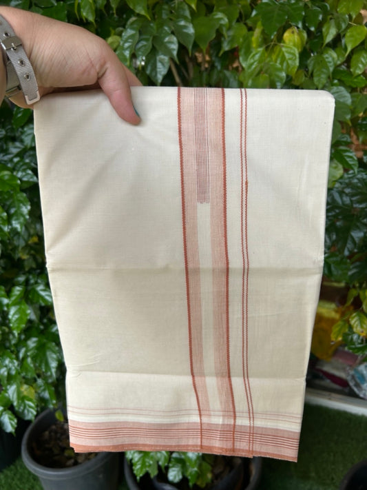 20% Discount ! Kaitharikada Balaramapuram 100% Cotton Off White Double Mundu/Dothi  - 100x80- 1.5 Inch Brick Brown Striped Design Kara - 4mtr (8.5muzham)- 17 KK5250 VIN