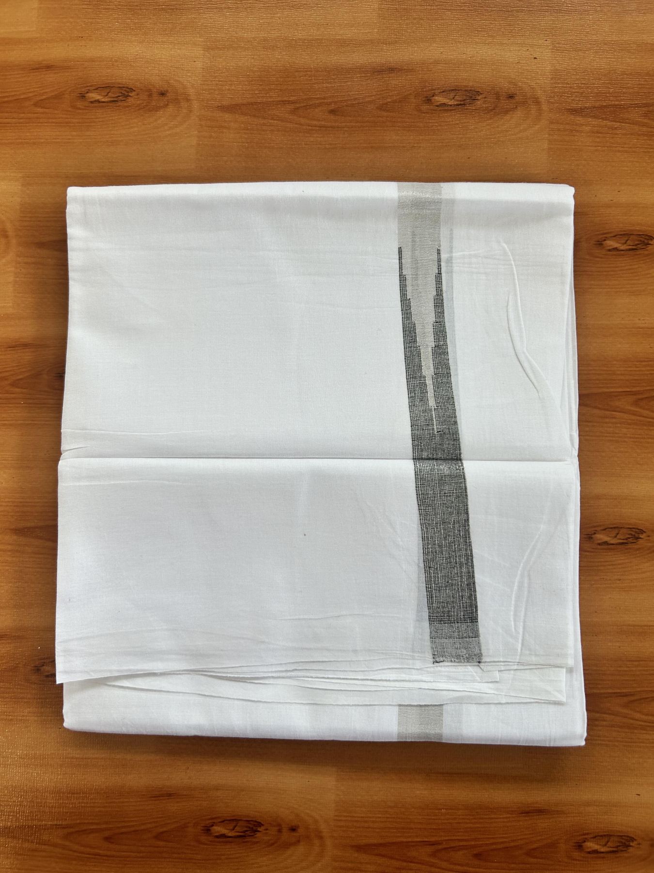 Double Pure White Mundu/Dhoti - 20% Discount !! KaithariKada Balaramapuram 100% Cotton - 100x80 - 0.75 inch Black Silver Kasav Chutty Kara 3.80 mtr (8 muzham) - 27 KK5414 CKS