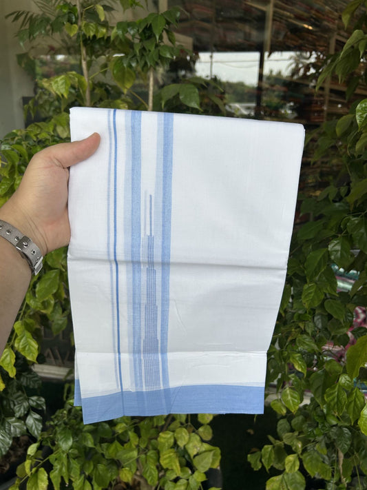 20% Discount ! Kaitharikada Balaramapuram 100% Pure Cotton Double Pure White Mundu/Dhoti - 100x80 - 1.75 inch Sky Blue Shaded Stripes Chutty 3.90 mtr (8 muzham) - 29 KK5312 PMC