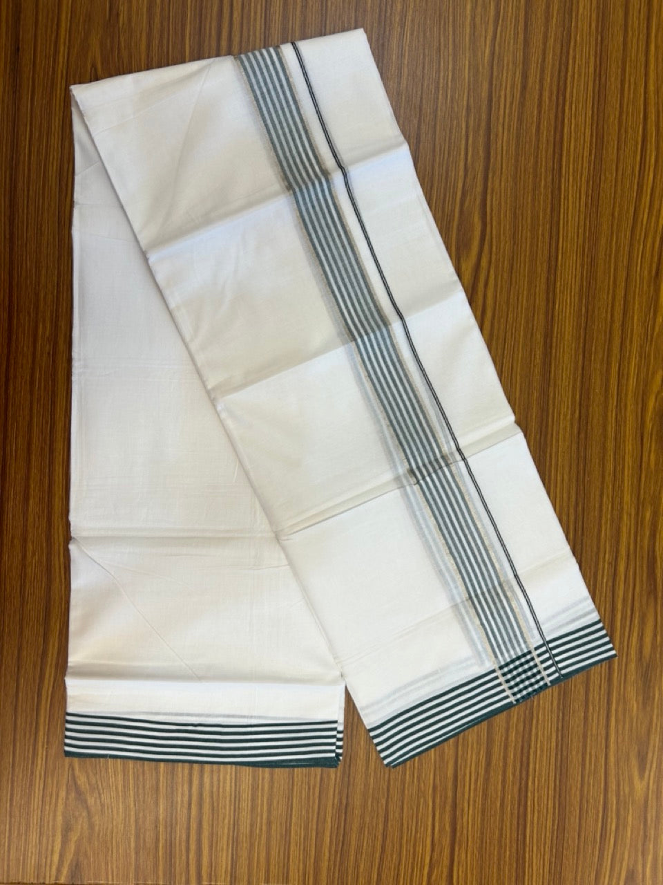 20% Discount! KaithariKada Balaramapuram 100% Cotton Double Pure white Mundu/Dhoti- 100x80 - 1.5 inch Silver Dark Green & White Striped kara - 3.90mtr ( 8 muzham) - 69 KK5279 CKS