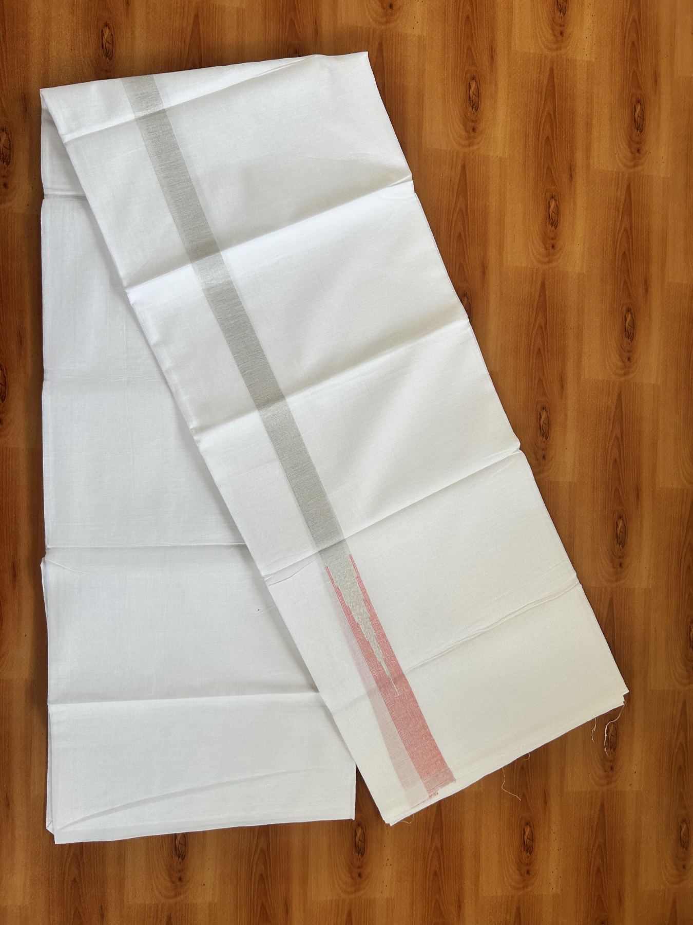 Double Pure White Mundu/Dhoti - 20% Discount !! KaithariKada Balaramapuram 100% Cotton - 100x80 - 0.75 inch Peach Pink Silver Kasav Chutty Kara 3.80 mtr (8 muzham) - 28 KK5414 CKS