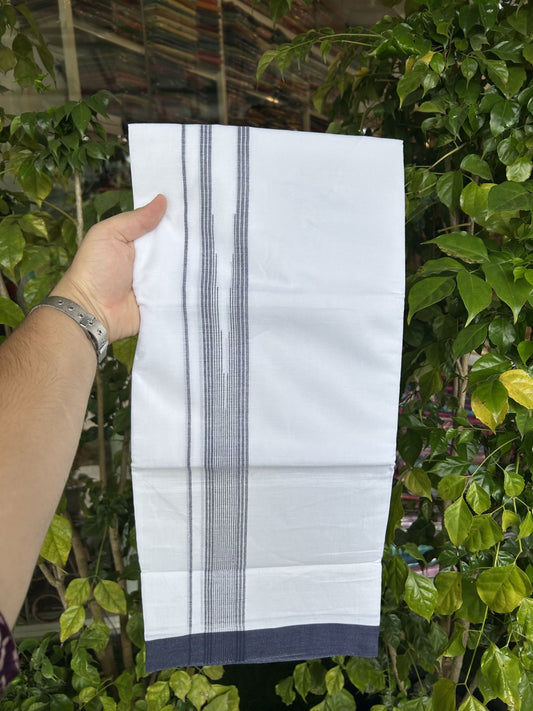 20% Discount ! Kaitharikada Balaramapuram 100% Pure Cotton Double Pure White Mundu/Dhoti - 100x80 - 1.75 inch Navy Blue Shaded Striped Chutty 3.90 mtr (8 muzham) - 25 KK5312 PMC