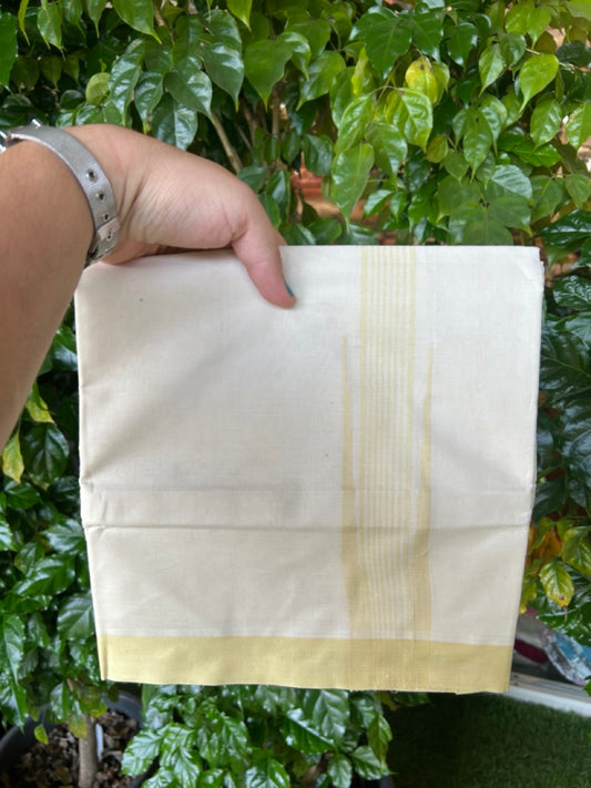 20% Discount ! Kaitharikada Balaramapuram 100% Cotton Off White Double Mundu/Dothi  - 100x80- 2 Inch Puliyilakkara Light Yellow Striped Chutty Kara - 4mtr (8.5muzham)- 21 KK5250 VIN