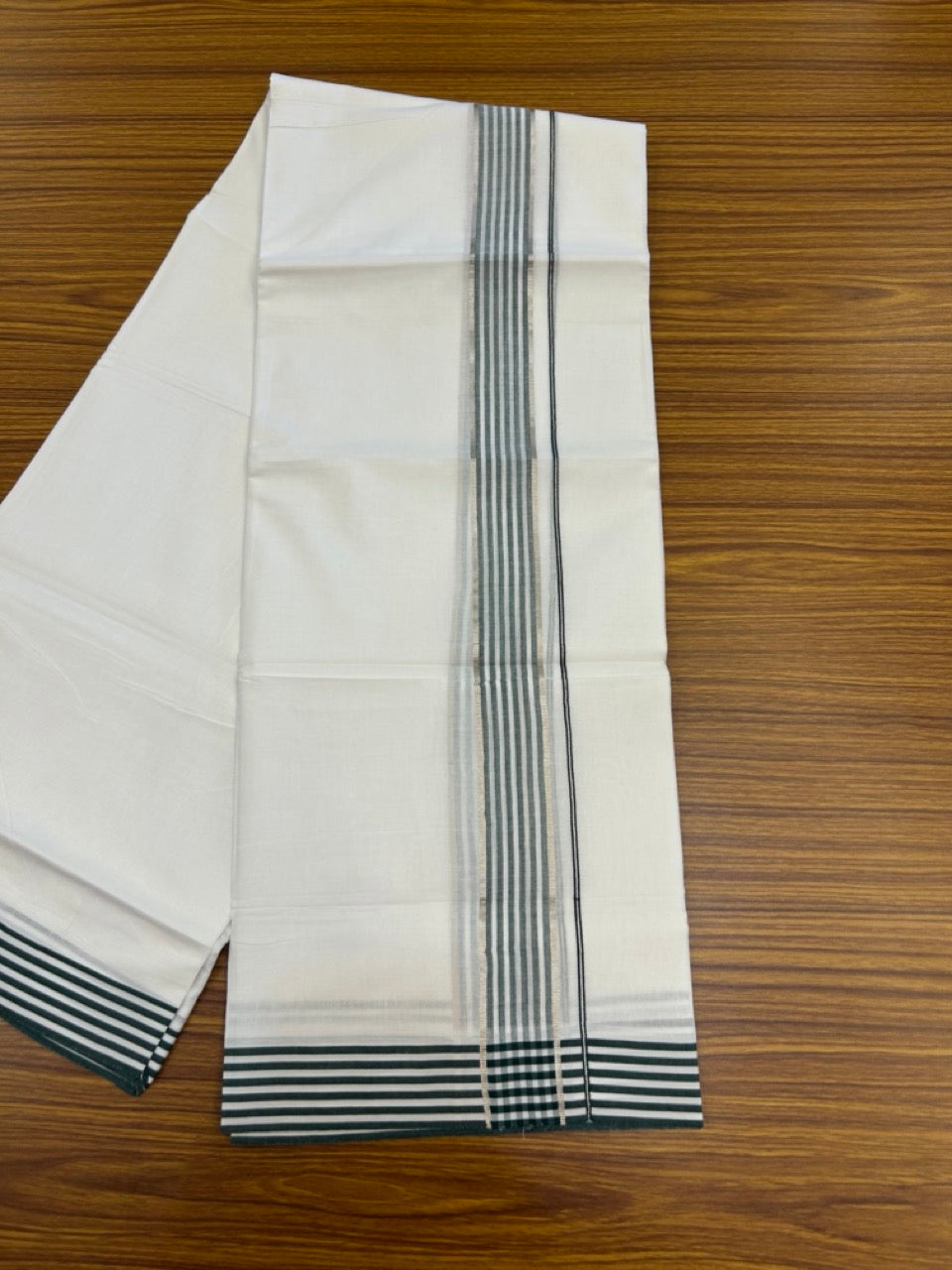 20% Discount! KaithariKada Balaramapuram 100% Cotton Double Pure white Mundu/Dhoti- 100x80 - 1.5 inch Silver Dark Green & White Striped kara - 3.90mtr ( 8 muzham) - 69 KK5279 CKS