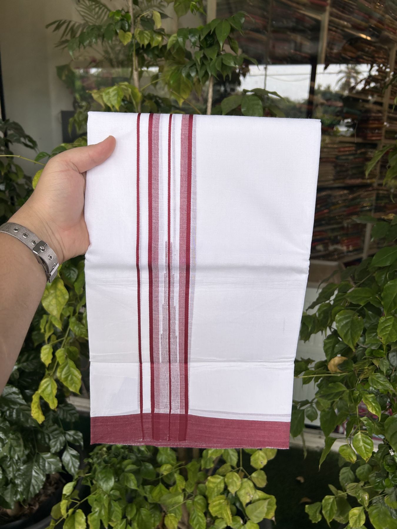 20% Discount ! Kaitharikada Balaramapuram 100% Pure Cotton Double Pure White Mundu/Dhoti - 100x80 - 1.75 inch Maroon Striped Chutty 3.90 mtr (8 muzham) - 23 KK5312 PMC