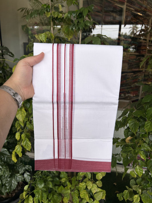 20% Discount ! Kaitharikada Balaramapuram 100% Pure Cotton Double Pure White Mundu/Dhoti - 100x80 - 1.75 inch Maroon Striped Chutty 3.90 mtr (8 muzham) - 23 KK5312 PMC
