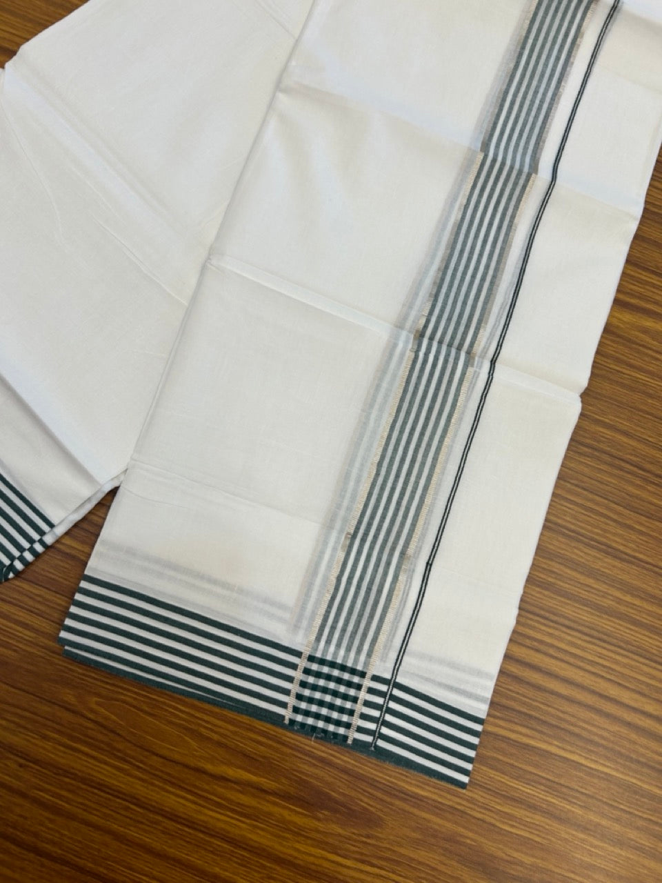 20% Discount! KaithariKada Balaramapuram 100% Cotton Double Pure white Mundu/Dhoti- 100x80 - 1.5 inch Silver Dark Green & White Striped kara - 3.90mtr ( 8 muzham) - 69 KK5279 CKS