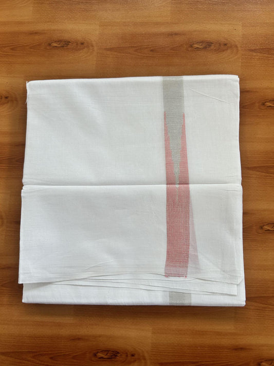 Double Pure White Mundu/Dhoti - 20% Discount !! KaithariKada Balaramapuram 100% Cotton - 100x80 - 0.75 inch Peach Pink Silver Kasav Chutty Kara 3.80 mtr (8 muzham) - 28 KK5414 CKS