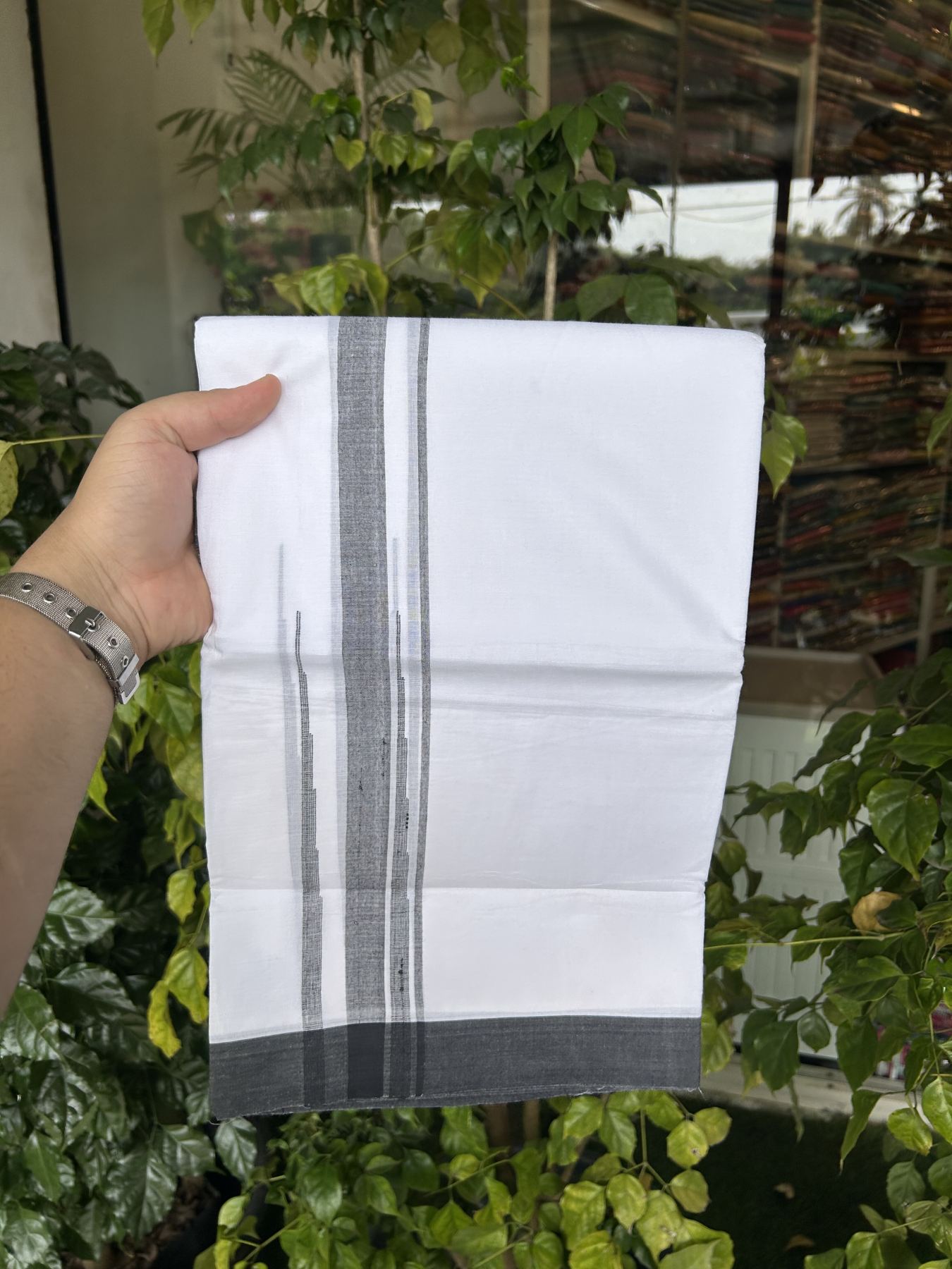 20% Discount ! Kaitharikada Balaramapuram 100% Pure Cotton Double Pure White Mundu/Dhoti - 100x80 - 1.75 inch Black Shaded Striped Chutty 3.90 mtr (8 muzham) - 28 KK5312 PMC