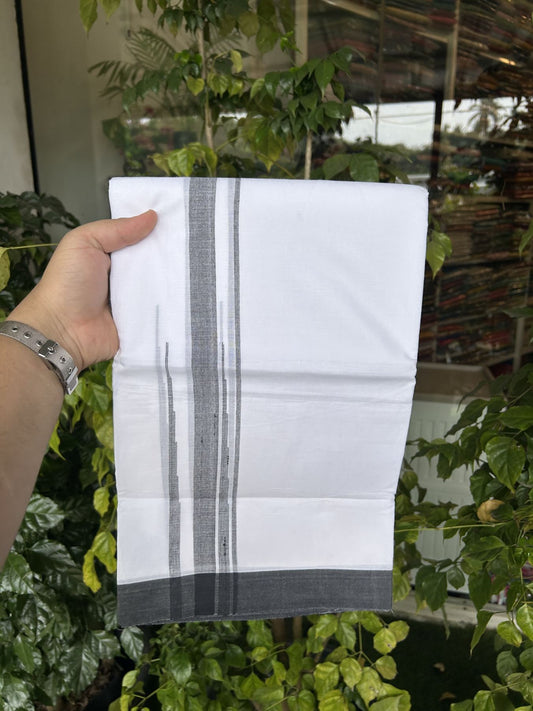 20% Discount ! Kaitharikada Balaramapuram 100% Pure Cotton Double Pure White Mundu/Dhoti - 100x80 - 1.75 inch Black Shaded Striped Chutty 3.90 mtr (8 muzham) - 28 KK5312 PMC