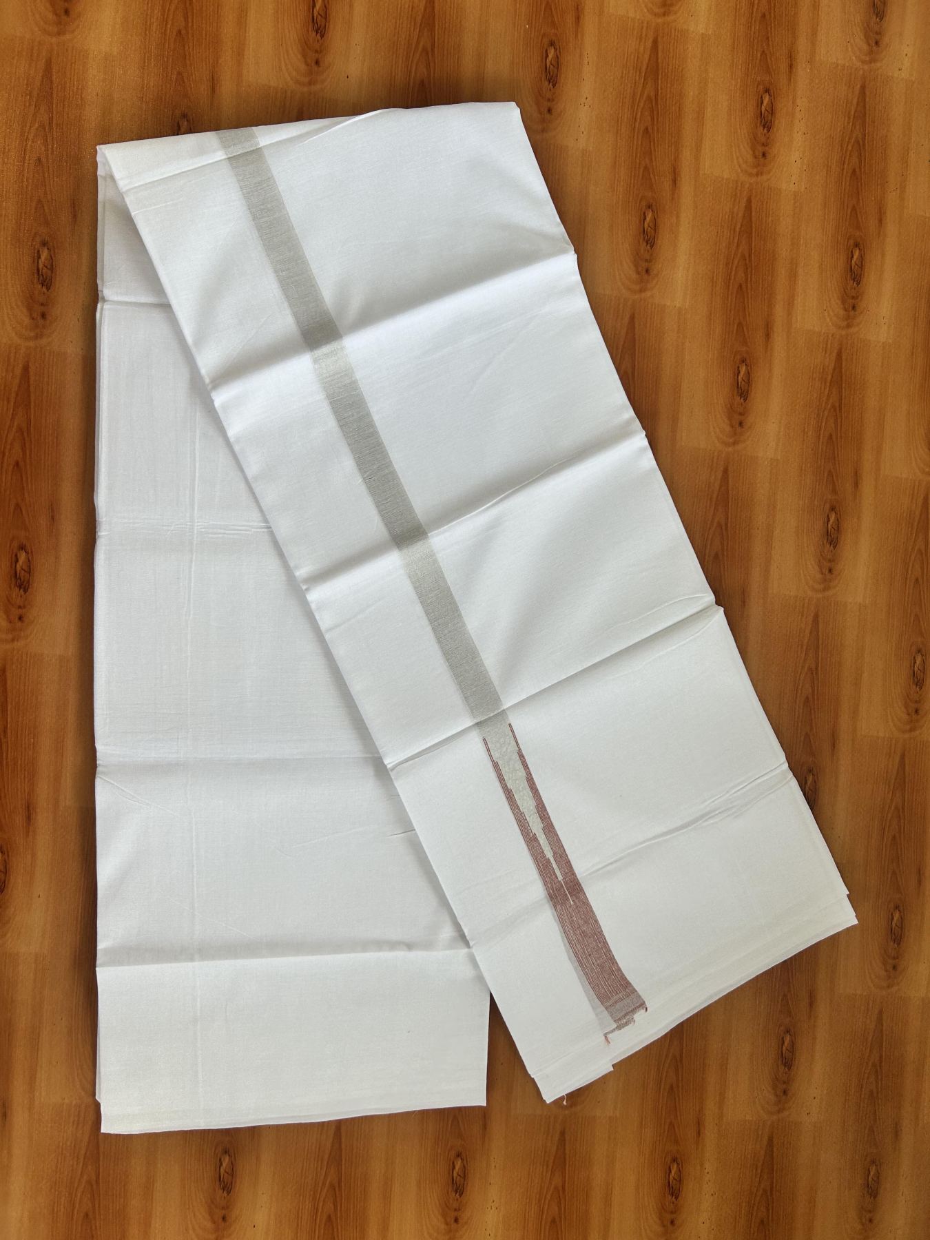 Double Pure White Mundu/Dhoti - 20% Discount !! KaithariKada Balaramapuram 100% Cotton - 100x80 - 0.75 inch Brick Red Silver Kasav Chutty Kara 3.80 mtr (8 muzham) - 26 KK5414 CKS