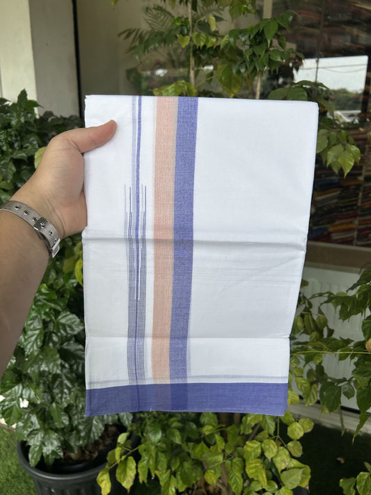 20% Discount ! Kaitharikada Balaramapuram 100% Pure Cotton Double Pure White Mundu/Dhoti - 100x80 - 1.25 inch Blue & Peach Orange Striped Shaded Chutty 3.90 mtr (8 muzham) - 22 KK5312 PMC