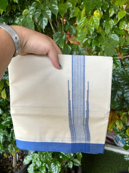 20% Discount ! Kaitharikada Balaramapuram 100% Cotton Off White Double Mundu/Dothi  - 100x80- 2 Inch Puliyilakkara Blue Striped Chutty Kara - 4mtr (8.5muzham)- 24 KK5250 VIN