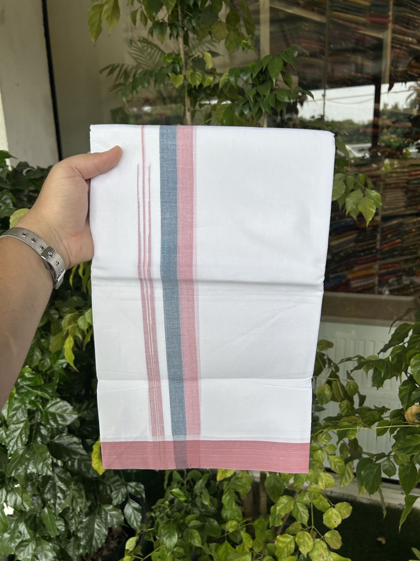 20% Discount ! Kaitharikada Balaramapuram 100% Pure Cotton Double Pure White Mundu/Dhoti - 100x80 - 1.25 inch Dusty Pink & Teal Green Striped Shaded Chutty 3.90 mtr (8 muzham) - 13 KK5312 PMC