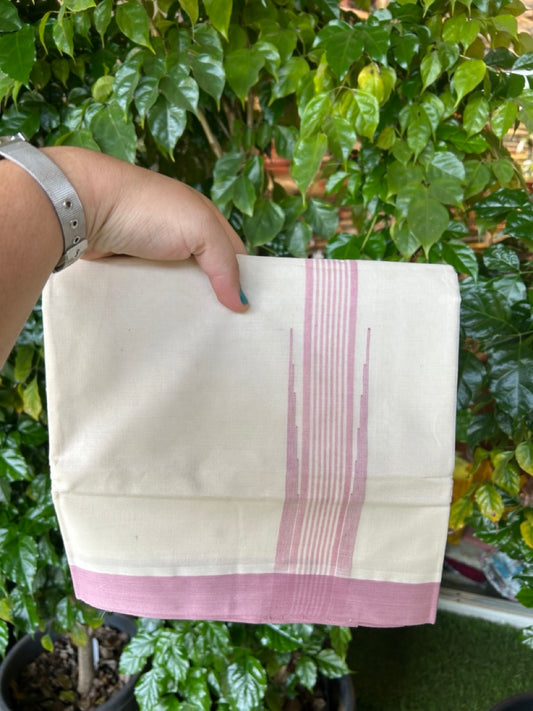 20% Discount ! Kaitharikada Balaramapuram 100% Cotton Off White Double Mundu/Dothi  - 100x80- 2 Inch Puliyilakkara Light Rose Pink Striped Chutty Kara - 4mtr (8.5muzham)- 25 KK5250 VIN