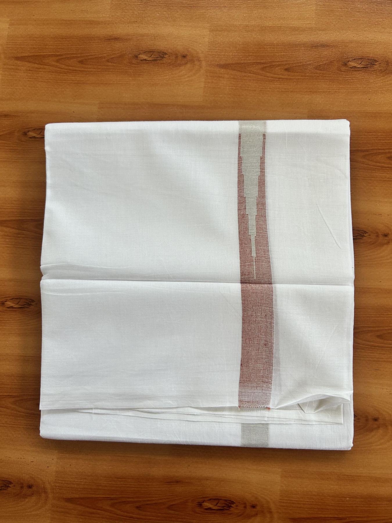 Double Pure White Mundu/Dhoti - 20% Discount !! KaithariKada Balaramapuram 100% Cotton - 100x80 - 0.75 inch Brick Red Silver Kasav Chutty Kara 3.80 mtr (8 muzham) - 26 KK5414 CKS
