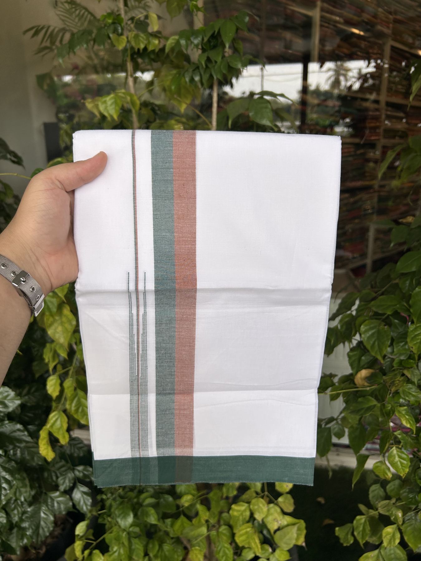 20% Discount ! Kaitharikada Balaramapuram 100% Pure Cotton Double Pure White Mundu/Dhoti - 100x80 - 1.5 inch Cinnamon Brown & Dark Green Striped Shaded Chutty 3.90 mtr (8 muzham) - 19 KK5312 PMC