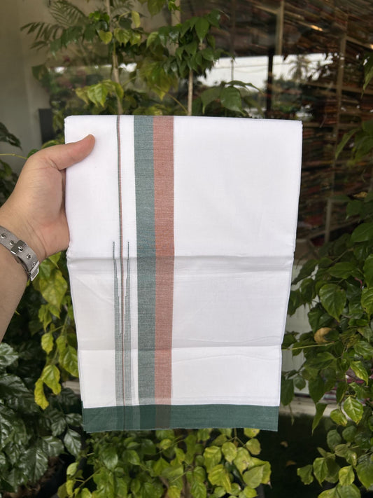 20% Discount ! Kaitharikada Balaramapuram 100% Pure Cotton Double Pure White Mundu/Dhoti - 100x80 - 1.5 inch Cinnamon Brown & Dark Green Striped Shaded Chutty 3.90 mtr (8 muzham) - 19 KK5312 PMC