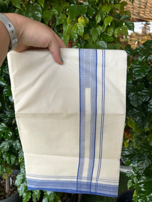 20% Discount ! Kaitharikada Balaramapuram 100% Cotton Off White Double Mundu/Dothi  - 100x80- 1.5 Inch Dark Blue Striped Design Kara 4mtr (8.5 muzham)- 15 KK5250 VIN