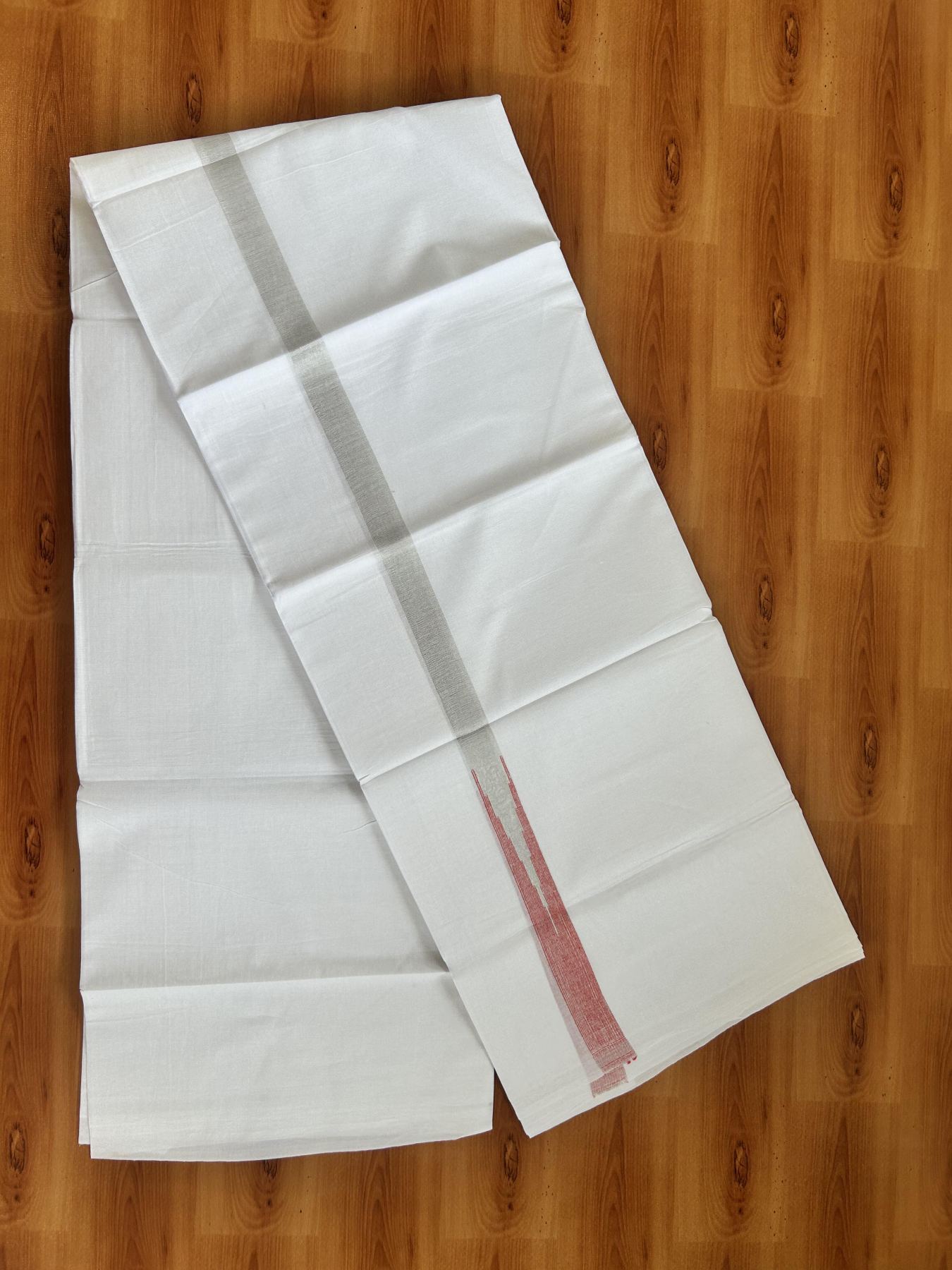 Double Pure White Mundu/Dhoti - 20% Discount !! KaithariKada Balaramapuram 100% Cotton - 100x80 - 0.75 inch Pinkish Red Silver Kasav Chutty Kara 3.80 mtr (8 muzham) - 29 KK5414 CKS