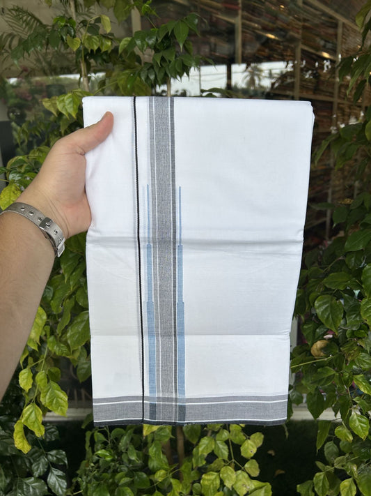 20% Discount ! Kaitharikada Balaramapuram 100% Pure Cotton Double Pure White Mundu/Dhoti - 100x80 - 1.5 inch Light Blue & Black Shaded Stripes Chutty 3.90 mtr (8 muzham) - 44 KK5312 PMC